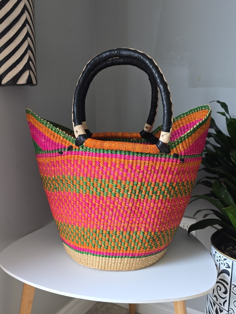 112 Handwoven Pink & Green Market Tote Bag with Black Handles